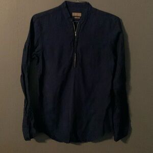 Zara Man Zip Up Linen Slim Fit Tunic Top Navy Blue Size M determined by measure